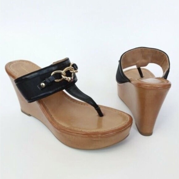 Tommy Hilfiger Thong Wedge Sandals Black 6 - Picture 3 of 13
